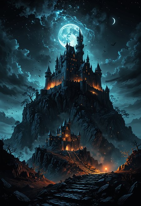 (professional digital artwork) from below, castle on a hill, (night background:1.1) (cosmic horror atmosphere)
<lora:add-detail-xl:1>
<lora:WildcardX-XL-Detail-Enhancer:1>
<lora:MJ52:0.375>
<lora:CinematicStyle_v1:0.42>