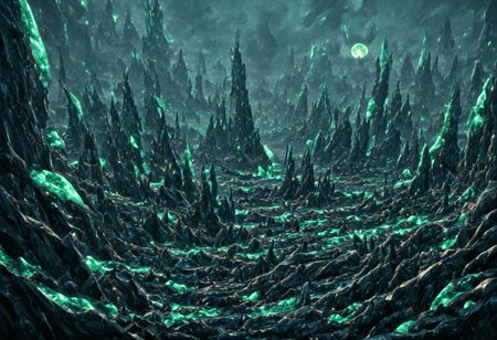 A beautiful landscape at night on an alien world, dramatic lighting, large moon in the sky, jade rocks, waterfalls, deep crevices, uhd, ultra-detailed, photography, f/8 photo, monoprone, nmskyrim