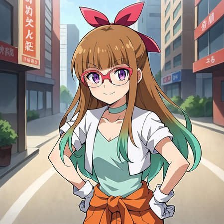 score_9, score_8_up, score_7_up, score_6_up, score_5_up, score_4_up, BREAK source_anime,solo, city,outdoor,smile,standing,put hands on hips, <lora:Oudou_Yuamu_V1:1>Oudou_Yuamu, brown hair, blunt bangs, long hair,Gradient hair from brown to green,purple eyes, red glasses, red bow, hair bow,gray shirt , white jacket, cropped jacket,short sleeves, rolled sleeves, white choker, V-neck, Orange pants, rolled-up hem, pink and white striped socks, black shoes, jacket wrapped around the waist, orange jacket wrapped around the waist, white gloves