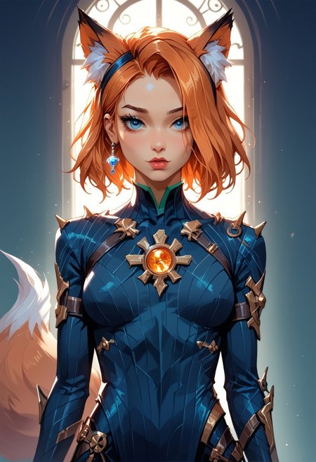 Stable_Yogis_PDXL_Positives, (score_9, score_8_up, score_7_up), <lora:Witchkiri-30:0.9>, <lora:sxz-valorant-smol-v2-pdxl:1>, <lora:detail-tweaker-xl:0.5>, <lora:EnvyPonyPrettyEyes01:0.25>, <lora:sinfully_stylish_SDXL:0.8>, valorant style, ((face focus, eye focus, dynamic angle, motion)), (intricate details, detailed face, detailed eyes, super-detailer-bsy, detailifier, detailed skin, detailed hair, hyper-detailed, ultra-detailed, sexiness enhancer),
BREAK,
(1girl, solo), fantasy, (kiyoko otomo, corruption of champions, fox ears, fox tail, animal ears, fox girl, green nails, orange hair), breathless intimacy, tanned skin, petite model bombshell, heart, young, delicate features, narrow pointy nose, tiny nose, brown hair, medium length hair, bob cut, lust, big eyes, seductive eyes, blue eyes, detailed skin, flared lashes, mascara, makeup, perky medium breasts, athletic body, narrow waist, skinny hips,
warm light, detailed, neon dark party
 BREAK
milky way, runes, arcane, astral, surreal, ethereal glow, masterpiece, best quality, intricate design. colorful, moonlit nightsky, stained glass aesthetic, moody whimsical color palette, murano glass, bold soldering lines, volumetric light shining through, crepuscular rays, intricate craftsmanship, detailed texture, luminous transparency, reflective light play, vivid hues, atmospheric depth, enchanting silhouette, art nouveau,