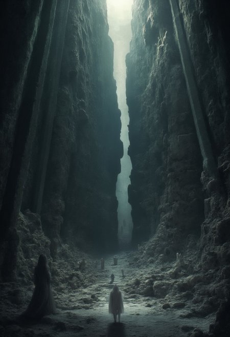 A vast and endless underworld, Sheol stretches beneath the earth like a forgotten chasm, its atmosphere thick with an eerie, otherworldly silence. The ground is cracked and lifeless, composed of blackened stone and ashen dust, while towering jagged pillars fade into an eternal twilight. The air is heavy with a ghostly mist, swirling around the countless shadowy figures—lost souls wandering aimlessly, their forms translucent and sorrowful, caught between existence and nothingness.
Dim, flickering lights, like dying embers, float aimlessly in the gloom, casting faint, shifting glows over the abyss. The walls of Sheol seem to stretch infinitely, carved with ancient, unreadable inscriptions, whispering the secrets of the dead. Deep within, shadowy doorways hint at even darker depths, places where the silence is broken only by the distant echoes of murmured laments.
A sense of vast isolation and eerie tranquility lingers, as if time itself has lost meaning. There is no fire, no torment—only the weight of eternal stillness and the quiet, solemn presence of those who have departed from the world above.
Ultra-detailed, cinematic lighting, dark fantasy, gothic realism, atmospheric and haunting, hyper-realistic textures, eerie and mystical composition