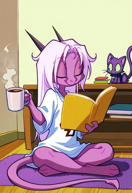 score_9, score_8_up, score_7_up,namah_calah,
1girl,solo,furry,tail, source_furry,horns,
 ,<lora:namah_calah_illustrious:0.8>,
child, kid,
 solo, living room, long  hair, , oversized  shirt, large t-shirt,  sitting, reading book, holding steaming coffee mug, relaxed smile, cute, cat, cozy,
t4kar4i_illu, no_outlines, no lineart,
masterpiece, best quality, absurdres, [dynamic pose]