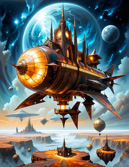 A surreal, steampunk-style painting in the style of JarosÅaw Jasnikowski, depicting a colossal, gothic-mechanical spaceship drifting through the vastness of space. The ship is inhabited by the remnants of humanity, fully transformed into biomechanical cyborgs. The vessel is an ornate fusion of cathedral-like architecture and industrial machinery: bronze towers, rotating gears, stained glass panels glowing with alien light, and massive turbines spinning slowly in zero gravity. Cyborg figures walk along the outer hull, tethered by glowing cables, maintaining the vessel as it glides through a star-filled void. Their bodies are a blend of flesh and complex mechanical systemsâcogs, tubes, exposed circuitry, and metallic limbsâall designed in an absurd, baroque fashion. The backdrop is a deep cosmic expanse with nebulas, stars, and shattered planetary fragments floating around. The lighting is dramatic, with reflections bouncing off polished metal surfaces, casting surreal, elongated shadows. The scene conveys both grandeur and loneliness, emphasizing the transformation of humanity into a forgotten, drifting civilization. The atmosphere is deeply symbolic, with Jasnikowskiâs signature distorted perspective and dreamlike, metaphysical tone.<lora:SDXLFaeTastic2400:0.4> <lora:extremely_detailed:0.4> extremely detailed, <lora:JarosÅaw_J4sn1k0wsk1_r1:1>,JarosÅaw J4sn1k0wsk1, Masterpiece,best quality,hi res,8k,hi res,8k,award winning,(sharp focus, intricate, highly detailed),
