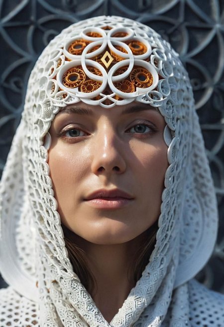 Wiking Woman's Face covered with the symbol of infinity &~, macro, action shot, photo in phst artstyle, scaleborn, scales, hexagonal scales, sacred geometry, , mathematics, music, geometry, color harmony