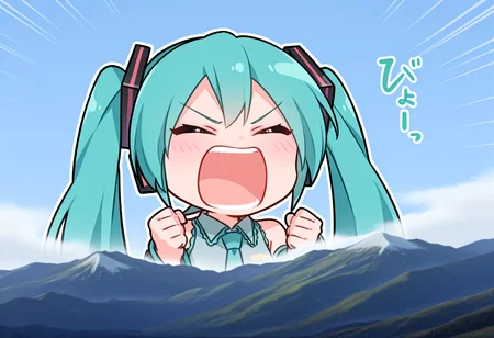 masterpiece, high quality, best quality, 1girl, solo, giantess, hatsune miku, chibi, upper body, landscape, closed eyes, shouting, mountain, mountainous horizon, sky, cloud, clenched hands, emphasis lines, sound effects, <lora:big_enough_meme:1>