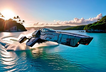 photograph, smooth, sleek (WipEout anti-gravity craft), (split-front:1.3), landing in the waters of a lagoon, tropical island, blue sky, sunset, sharp, high detailed, realistic, , scifi, futuristic, science fiction, sharp focus, masterpiece, best quality