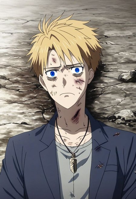 high resolution, professional photography, solo, best quality, 1Boy, Yamato Ishida, Blond Hair, Deep Blue Eyes, Necklace, lying down, conquered, hurt, dying, battered, blank stare, bruised, OverallDetail