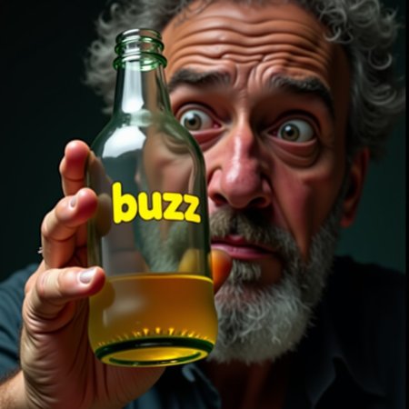 photo realistic, old workshpo, close up, 50 years old stoic man,wild hair, eyes wide, looks at glass bottle, suprised face, closed sad mouth, 
hold emty glass bottle upside down, on glass bottle written:"buzz" in yellow colour,
 small yellow liquid drops from glass bottle