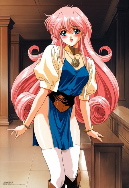 rurubell (megami paradise), rurubell, megami paradise, pink_long_hair, blue eyes,
jewelry, bracelet, necklace, (beige_short_sleeve), pendant, blue_dress, blue pelvic curtain, zettai ryouiki, white thighhighs, brown footwear, boots,
1990s (style), retro artstyle, 
yoshizane akihiro
 <lora:rurubell (megami paradise)_Illustrious-XL_2.0-v1:1>, masterpiece,best quality,amazing quality, 1girl, solo, standing, (dynamic pose) , blush,
looking at viewer,cowboy shot,open mouth,light smile, 
(indoors, )