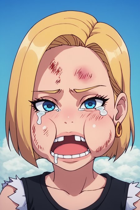 score_9, score_8_up, score_7_up, score_6_up, score_5_up, score_4_up,    <lora:android-18-ponyxl-lora-nochekaiser:0.6> ,android 18, blonde hair, blue eyes, eyelashes, hoop earrings, short hair, earrings,<lora:beat_up_face:0.8>, 1girl, solo, alone, tears, head bump, bruise, swollen cheeks, open mouth, missing tooth, masterpiece, highres