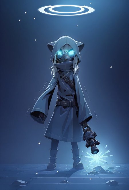 score_9, score_8_up, score_7_up, BREAK source_anime , 
paige,solo,portrait,furry,furry female,animal ears,
(masterpiece, best quality:1.2), amazing quality, very aesthetic, 32k, absurdres, extremely beautiful, newest, scenery,  extra details, (sharp detailed:1.2), 
beautiful detailed hair, shiny hair, beautiful detailed background,  extremely detailed eyes, extremely detailed hair,
 half-closed eyes, expressionless, long hair, looking at viewer, long sleeves, gloves, holding,  weapon, belt, hood, wide sleeves, holding weapon, hair over one eye, coat, mask, glowing, glowing eyes, hood up, snow,  snowing, mouth mask, dark blue jacket, over shoulder, weapon over shoulder, utility pole, gas mask, respirator, black leotard,
halo, Liquid energy trails, blue energy flows,
trembling,  (heart:0.9),
dutch angle,
debris, particles, dark background, dark blue background, (night:0.8), depth of field, blurry background, (black_hole:1.2), raised hand, event horizon, blue theme,