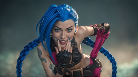 cinematic photo a woman with freckles and blue hair and braids is posing for a picture <lora:Jinx1024-000260:0.8> . 35mm photograph, film, bokeh, professional, 4k, highly detailed