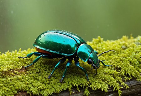 Cinematic, Cinematic Lighting, Cinematic Shot, extremely detailed, Film Still, macro photography, depth of field,  high detail, hires textures, incredibly detailed, intricate details, intricate diorama, masterpiece, Movie Still, outstanding intricacies, photorealism, true masterpiece, fountain background, glamourous, Stately, scarab beetle, rain beetle, cry5t415ku11, Pleocoma badia, Pacific Northwest conifer forest, sitting on a rotten log with moss and fungi.