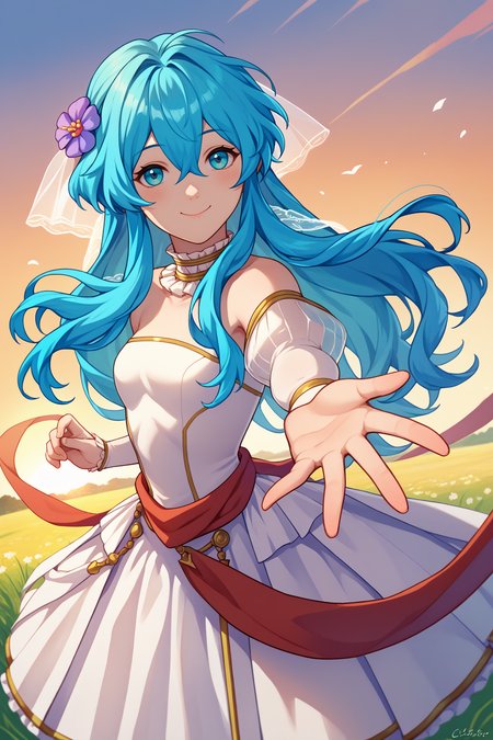 score_9, score_8_up, score_7_up, score_6_up, source_anime, 1girl, solo  <lora:brideririka-pdxl-nvwls-v1-000005:1> brdEir, cyan hair, long hair, hair between eyes, hair flower, hair ornament, bridal veil, wedding dress, outstretched hand, from side, looking at you, happy, smile, closed mouth, blush, sunset, field