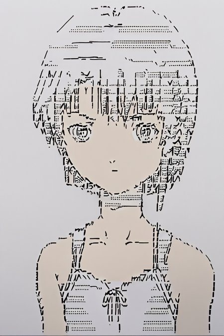 score_9, score_8_up, score_7_up, score_6_up, score_5_up, score_4_up,   <lora:Lain_PonyXLv3:0.8> , Lain, 1girl, solo, anime screencap, camisole, 1girl, <lora:ascii_character:1>,  ascii_art_style, monochrome, greyscale, masterpiece, highres, white background, simple background