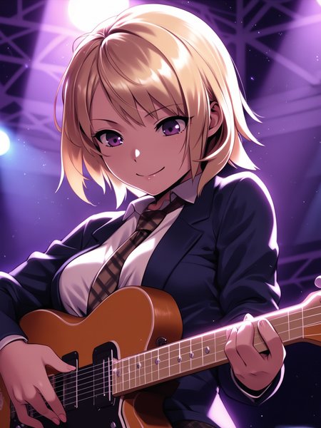 <lora:happy_tentacle-lovebeat-v0.2-000036:1>, ht_lovebeat, blonde hair, purple eyes, collared shirt, blazer, pleated skirt, plaid skirt, plaid necktie, garter straps, thighhighs, knee boots, lace-up boots, stage, playing instrument, holding instrument, guitar, amplifier , 1girl, solo, upper body , , ( seductive smile :1.1), , looking down , , , score_9, score_8_up, score_7_up, score_6_up, score_5_up, score_4_up
