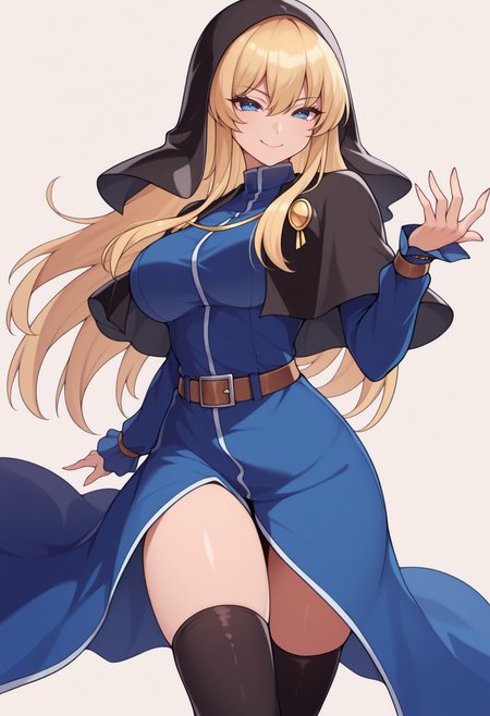 masterpiece, best quality, 1girl, smile, solo, looking at viewer, <lora:Goeniko-illus_Fp-000009:1>, g0eniko, blonde hair, blue eyes, long hair, habit, blue dress, collared dress, black capelet, black thighhighs, belt, simple background,