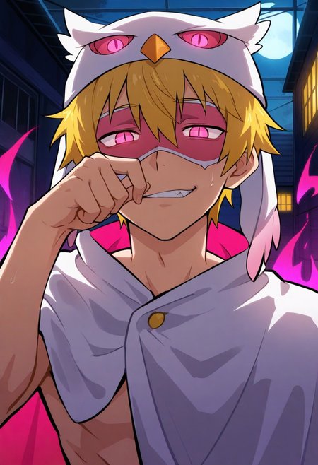 masterpiece, best quality, amazing quality, Bokun art style, male focus, solo, warehouse, dilapidated, burning building, night, 
1boy, pink eyes, glowing eyes, yellow hair, white owl hat, winged hat, two-sided cape, white cape, pink cape, head tilt, pink domino mask,
rubbing nose, slit pupils, gesugao, narrowed eyes, dark aura, pink aura, looking at viewer,
