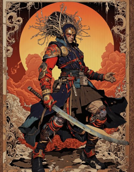 By Phandigrams.
hell lava art by Yoann Lossel, color style by Tom Haugomat, wear tiara of wires, iron mask, holding cyber katana, volumetric light, fighter pose, insanely detailed, cyberpunk ornate, action packed, full body standing, sun rising background.