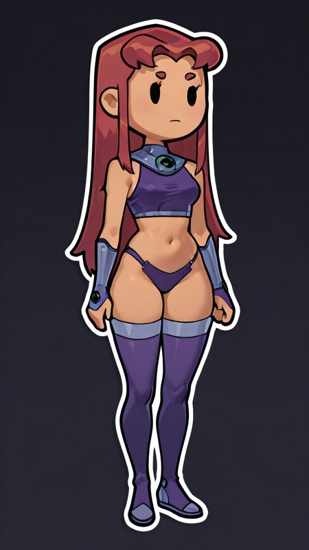 ,masterpiece,best quality,newest, 1girl, sexy, solo, <lora:Starfire_IL-000008:1.0> starfireil, ogoutfit,  <lora:PaperMario (1):1.0>Chibi, solid oval eyes,  outline, dark background