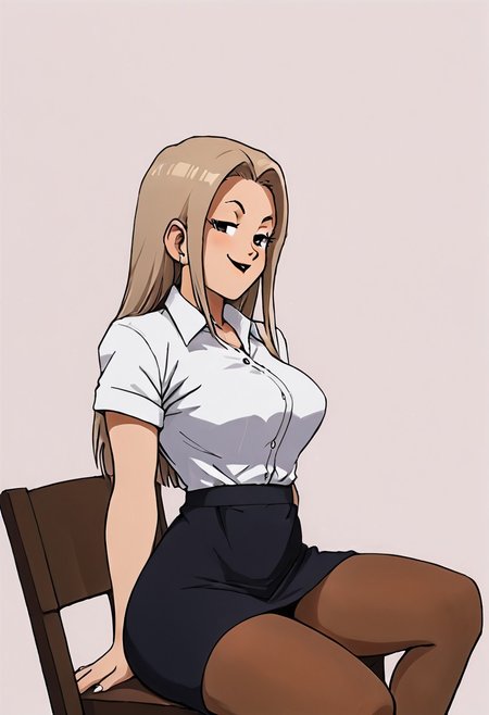 embedding:urn:air:sd1:embedding:civitai:222256@250708, score_9, score_8_up, score_7_up,, source_anime, rating_explicit, 
BREAK 
1woman,solo， Chi Chi, large breasts, suit, black shirt, short sleeves, short skirt, black skirt, brown pantyhose, smug, 
BREAK 
Simple background, chair, sitting on a chair,