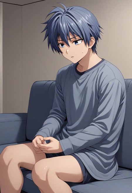 high resolution, solo, best quality, 1Boy, Tomoya Okazaki, Grey Blue Hair, deep talk, depression, sit, couch, OverallDetail