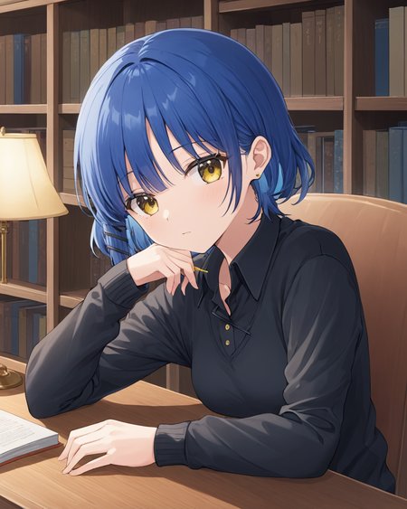 yamada_ryo,1girl, mole_under_eye, solo, looking_at_viewer, table, long_sleeves, bookshelf, sitting, earrings, book, indoors, black_shirt, closed_mouth, drink, drinking_glass, drinking_straw, collared_shirt, black_sweater
<lora:yamada_ryo_image1086_2023-11-22:1>. gorgeous,key visual, vibrant, studio anime,award-winning, professional, highly detailed,high budget, cinemascope