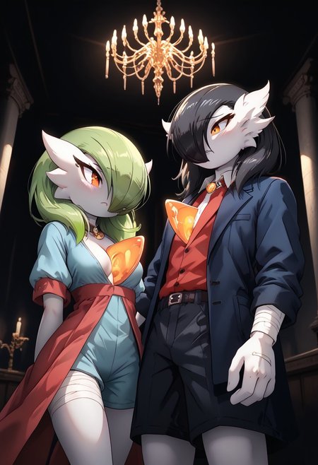 (((gardevoir))), female, anthro, pale white skin, rilex lenov artstyle, score_9, score_8_up, score_7_up, score_6_up, score_5_up, dramatic lighting, (dark lighting, from below, 2femboys (green hair: 1.2, black hair: 1.2) (blunt bang: 0.4), (bang over one eye: 1), (wide forehead: 1.2), aura, glow, (blue coat, bandage, baggy shorts):0.9, (red tuxedo:1), gloves, (blushing, seduce, looking at another), dance party, chandelier)