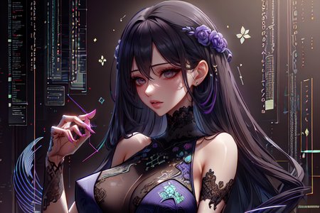highly insanely detailed, masterpiece, top quality, best quality, highres, 4k, 8k, RAW photo, (very aesthetic, beautiful and aesthetic),  
(code_style,codestyle),(sympattern,geometric pattern), 
<lora:CodeStyle (half generic class)_564920:1>, 
(1girl:1.3), 1other, 
dark chestnut background,ethereal lavender background,(neon color background),âââ