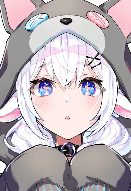 masterpiece, best quality, very aesthetic, DollieHitsujida,   artist:[nobusawa osamu|yoneyama mai|fuzichoco|mika pikazo], white hair, long hair,  sheep ears, blue eyes, heart shaped pupils, 1girl, solo,  x hair ornament,
WolfOutfit
 <lora:noobai_vpred_1_masterpieces_v23:1>  <lora:DollieHitsujidav2EPOCH15:0.8>   <lora:9_EnchantingEyes:0.6>