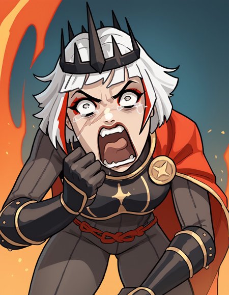 score_9, score_8_up, score_7_up, score_6_up, gtales-dh BREAK, aquascreaming, screaming, open mouth, crying with eyes open, 1girl, solo, short hair, white hair, multicolored hair, makeup, scar, crown, armor, gloves, bracers, bodysuit, cape, thick thighs, fire background, ulf-dh <lora:Ulfger_PDXL:0.6> <lora:add-detail-xl:0.3>  <lora:concept_aquascreaming_ponyXL:0.8>  <lora:Style_-_Tales_grandma_doesnt_tell_r1:0.8>