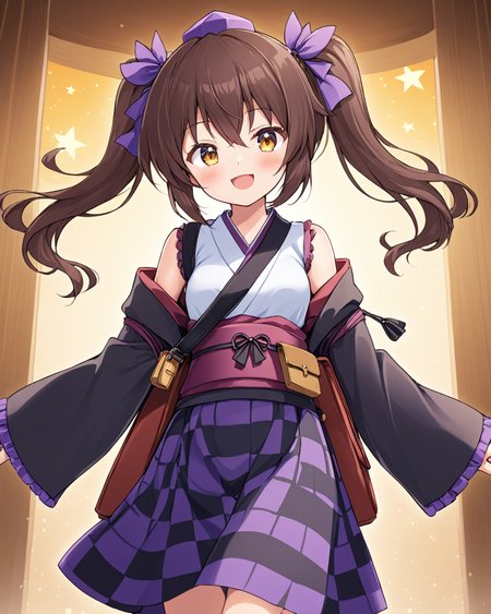 himekaidou hatate,1girl, solo, one_eye_closed, hat, open_mouth, smile, wide_sleeves, twintails, shirt, fang, alternate_costume, long_sleeves, shoulder_bag, japanese_clothes, checkered_skirt, looking_at_viewer, blush, obi
<lora:himekaidou_hatate_image2639_2023-12-20-000010:1>,star-shaped_pupils,symbol-shaped_pupils,. gorgeous,key visual, vibrant, studio anime,award-winning, professional, highly detailed,high budget, cinemascope