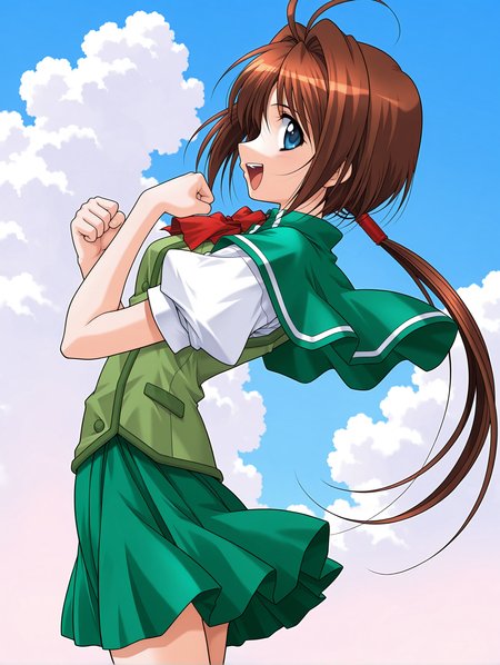 masterpiece,best quality,newest,
1girl,solo,
<lora:wakatsuki_kotomi_ilxl_v1.0:1>,w_kotomo,ahoge,brown hair,blue eyes,low ponytail,long hair,
k_clothes,green capelet,ascot,green vest,puffy short sleeves,green pleated skirt,
<lora:Fixhands_anime_bdsqlsz_V1:1>,cowboy_shot,simple_background,laughing,profile,looking_at_viewer,clenched hands,blue sky,white clouds,