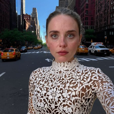 8k, RAW photo, highest quality), beautiful (white skin woman), , dress, (detailed eyes:0., (looking at the camera:1.4), (high-resolution image), (best shadow) , skin textures, intricate details,  new york,