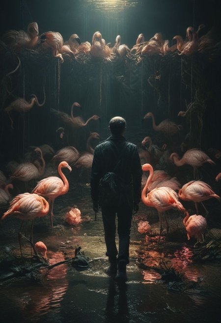 Death & Flamingos , sad environment, Dark, melancholic, Epic, hyper detailed, ultra realistic, top dramatic lights, dynamic shadows
