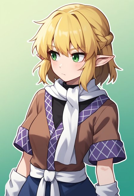 score_9,score_8_up,score_7_up,<lora:touhou_146:1>,1girl, arm_warmers, black_outline, black_shirt, blonde_hair, blush, breasts, brown_shirt, closed_mouth, commentary, cowboy_shot, expressionless, gradient_background, green_background, green_eyes, highres, looking_to_the_side, medium_breasts, mizuhashi_parsee, outline, pointy_ears, sash, scarf, shirt, short_hair, solo, undershirt, white_sash, white_scarf