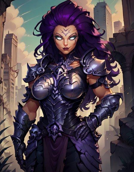 score_9, score_8_up, score_7_up,
1girl, solo,
large breasts, 
FuryDG,
purple hair, no pupils, white eyes, facial tattoo, lipstick, long hair,
armor, gorget, gauntlets, shoulder armor,breast plate, armored boots,
smile, closed mouth, half-closed eyes, glowing eyes, glowing,
ruins, city,
hand on own hip, 
 <lora:Fury DG PXL v01:1>