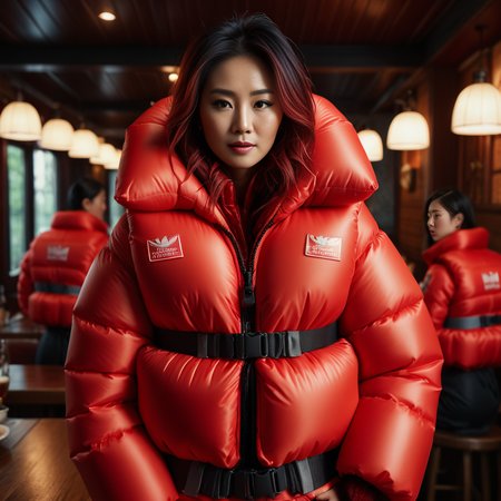 dark cinematic still with dark vibes, full body shot of life jacket  asian 40 year old women  wearing an light red  extra_puffy_jacket,  unique hair styles,   looking at the camera, shallow depth of field, 8k uhd, dslr, soft lighting, high quality, photorealistic, realism, hyperrealism,
, fine dining scene 
 <lora:Puffer_Jacket_and_Down_Jacket_-_Extra_Puffy_Jackets:0.5>