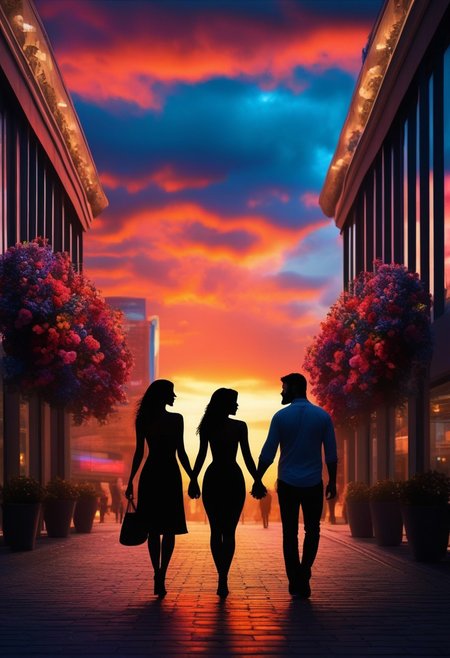 Silouette of a couple in love. Man (45 years with beard) and a sexy woman with tight dress. Standing in the middle of the street of a shopping mall. Left and right shops. The entrance to the shops is decorated with many colorful flowers. The lovers hug and kiss. In the background you can see the sun setting.  The sky is dominated by warm colors such as orange, red and blue.perfection style, vivid colors, colorful, vivid background, holographic, building, sky, sciencefiction, ImaginaryCityScapes, midjourneyv6.1, WhiteMold. black background.