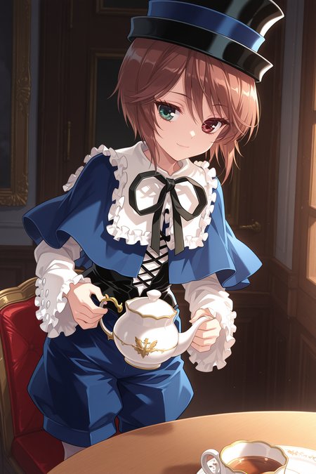 1girl, SouseisekiRozenMaiden, 
general, solo, pov across table, upper body,
eyelashes,
top hat, kodona,
frilled shirt collar, neck ribbon, blue capelet,
white shirt, long sleeves,
black corset,
blue shorts, white pantyhose, 
looking at object, light smile,
standing, holding teapot,
indoors, gothic, table, cup,
<lora:kp_SouseisekiRozenMaidenIllustrious_v1_0:1.0>,
masterpiece, best quality, amazing quality