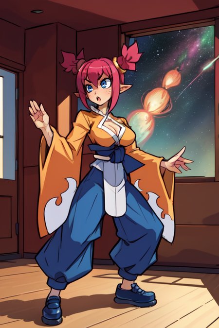 FightMistress,twintails,blue eyes,pink hair,short hair ,pointy ears, standing, focusing, solo,
MistGear, cleavage cutout, (orange top) , orange long sleeves , wide sleeves, blue shoes, , blue pants, white sash, blue ribbon behind waist, 
outer space, martial arts dojo, window, goofy training dummies, milkyway, 
(insanely detailed, beautiful detailed face, masterpiece, beautiful detailed eyes, best quality)
 <lora:FightMistress-10v3:0.8>