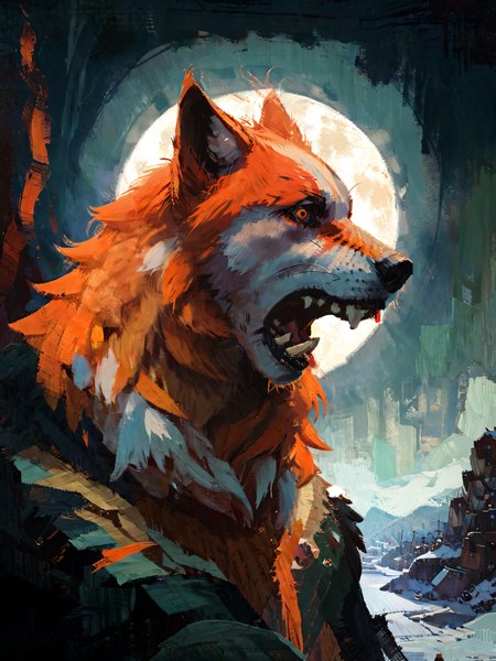 <lora:DiscoDeliriumXL-v1.2:1>, (disco elysium),cyberpunk artsyle,((orange theme: 1.2)), (art by carne griffiths: 1.1), (anna dittmann: 1.1), mystical atmosphere, a mighty werewolf howling on a rocky cliff, under the haunting full moon, mythical creatures, <lora:xl_more_art-full_v1:0.5> ,<lora:add-detail-xl:0.8>,