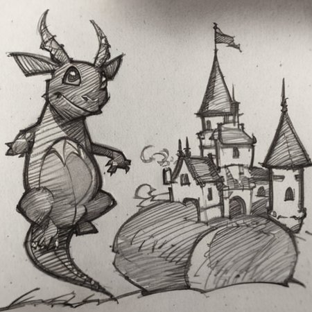 drawix21 dragon, castle in the background, black ink<lora:drawix21:1>
