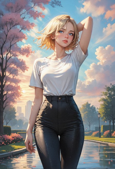 score_9, score_8_up, score_7_up, score_6_up, score_5_up, score_4_up,  1 adult woman, solo, white shirt, black pants, perfect curve, enjoying the scenery, motion,  blonde hair, park, blue eyes, innocent sultry look, short hair, laced hair, tilted angle, sunset, wind,  content, medium breasts, standing, one arm behind head, looking at viewer  <lora:sdxl\OilPastelsPony>, ArsMJStyle, Oil Pastels <lora:sdxl\Expressive_H-000001:0.3>, expressiveH