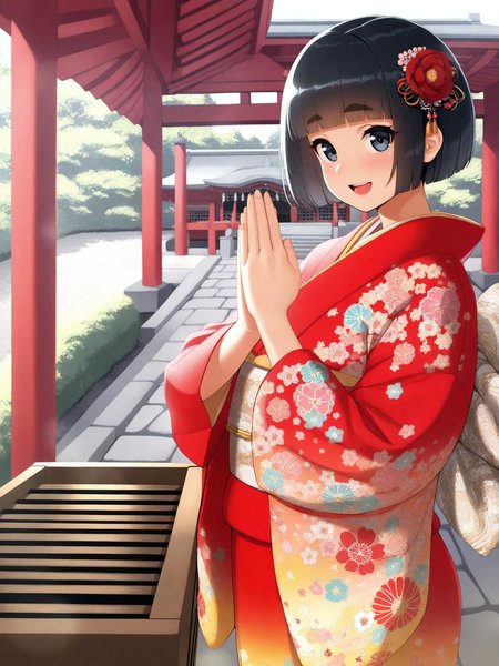 (masterpiece,best quality,ultra_detailed,highres,absurdres:1.2,amazing quality,very aesthetic),<lora:what naze style ilxl_v1:0.8>,1girl,japanese clothes,kimono,red kimono,hair ornament,solo,donation box,black hair,short hair,smile,open mouth,shrine,new year,thick eyebrows,looking at viewer,praying,hair flower,flower,sash,outdoors,own hands together,blunt bangs,obi,floral print,print kimono,black eyes,furisode,:d,blue eyes,standing,wide sleeves,box,