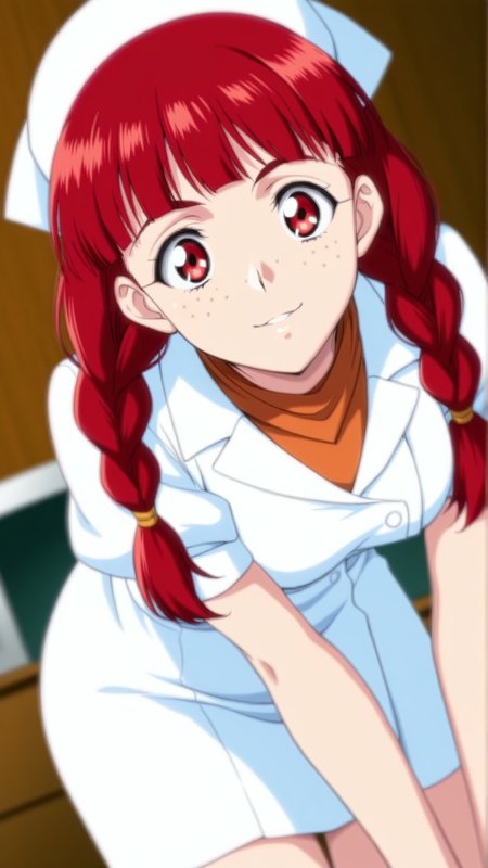 source_anime, general, best quality, masterpiece, 1girl,  <lora:Rosalie_Serue_ill_v1.0:1> rosalie_serue\(srw\), red eyes , red hair, freckles, twin braids, bandana, nurse, dutch angle, dynamic pose,