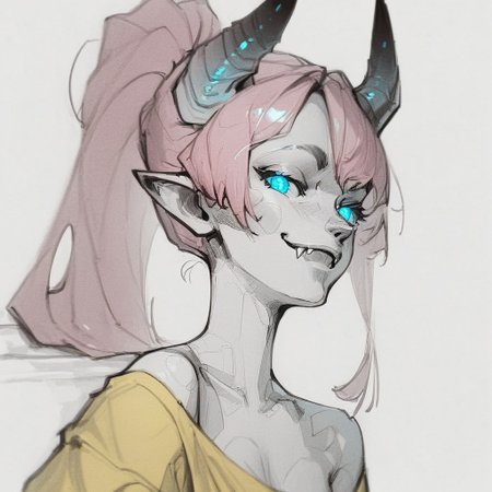 sketch, monochrome, greyscale, score_9, score_8_up, score_7_up, masterpiece, best quality, absurdres, vibrant, highly detailed, upper body, Lynn Pink, blue eyes, pink hair, ponytail, tail, horns, pointy ears, fangs, (((adult))), small breasts, simple yellow shirt, long sleeves, off shoulder, no bra, smug face, looking at viewer, white background, simple background