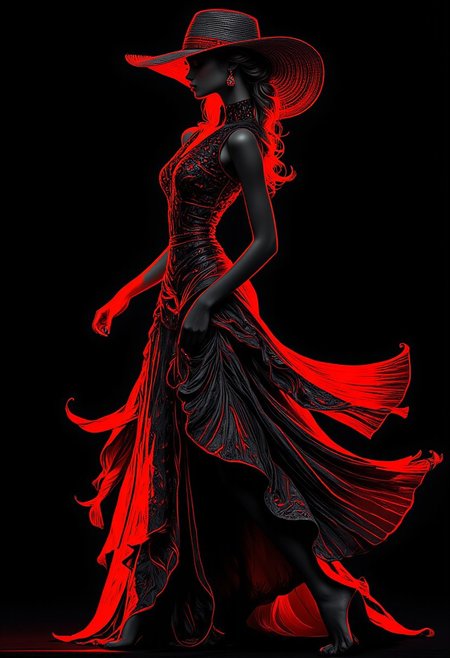 midjourney_whisper_avant_couture, BNR style, stunning blonde oriental supermodel, dressed in clothes inspired by birds of paradise, irridescent feathered dress and hat, silhouetted, black and neon red outline