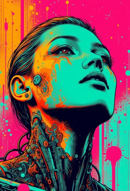 A futuristic young woman with a bold, cyberpunk aesthetic gazes {upward|downward|left|right|askance}. Her pale white porcelain face is a fusion of human and machine, with intricate robotic components seamlessly integrated along her jawline and neck, giving her a sleek, biomechanical appearance.  The tattoos on her neck blend into the metallic plating of her cyborg enhancements, while her vibrant {green and yellow|red and yellow|blue and yellow|yellow|red|blue|green|multicoloured} hair sharply contrasts against the glowing neon-{red|pink|blue|yellow|green|purple|orange} background with multicolour paint splatters, creating an electrifying and edgy visual.