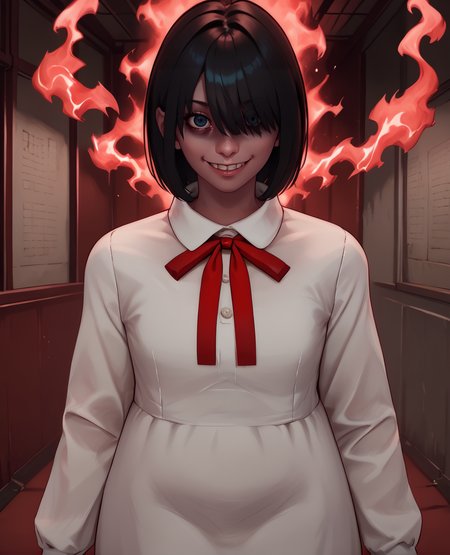 score_9,score_8_up,score_7_up,
hanakosanxl. blue eyes,white dress,red neck ribbon,black hair,bangs,shaded face,hair over one eye,looking at viewer,evil smile,
red evil aura,glowing red,abandoned japanese school,indoors,dark corners,red room,dim lighting,
horror \(theme\), upper body, 
<lora:hanakoSan:1>,